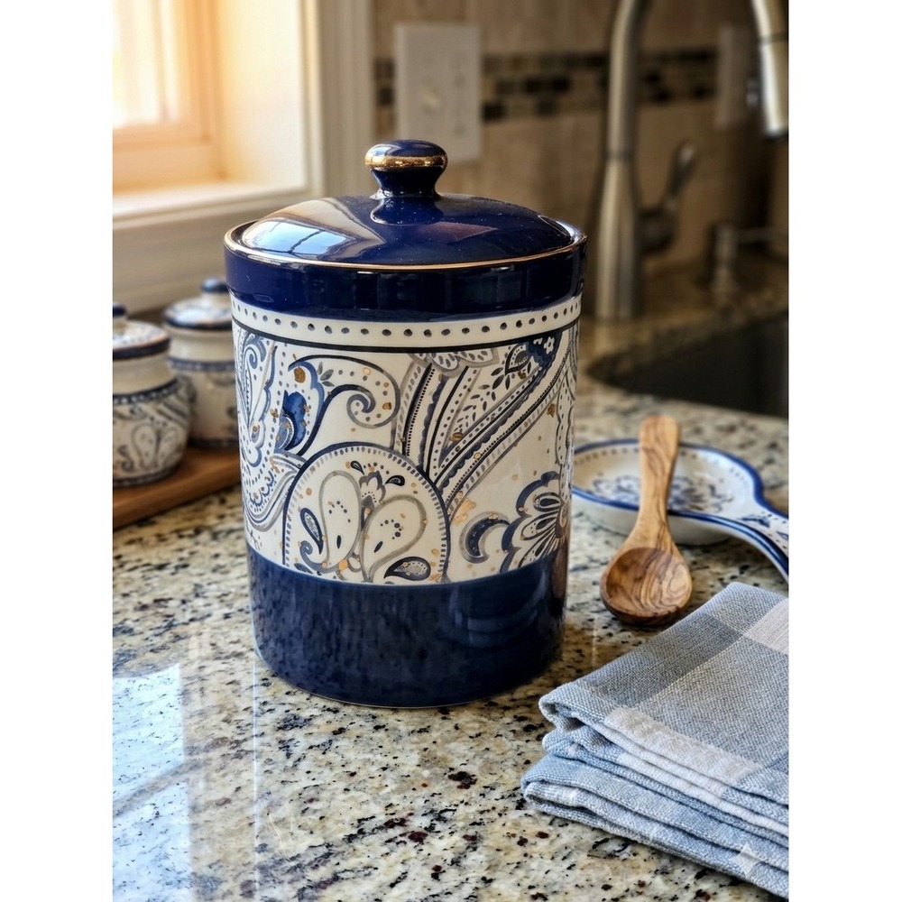 Potter's Studio Blue Paisley Ceramic Canister Jar with Lid Gold Accent 8"